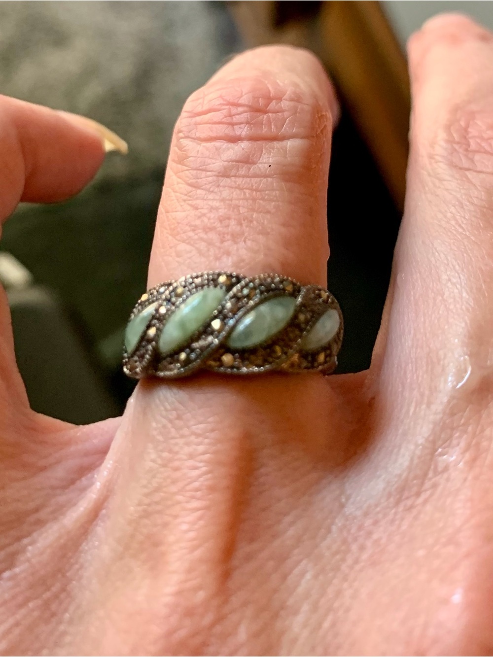 Vintage 925 Sterling Silver Green Jadet Marquise Band Ring #0040